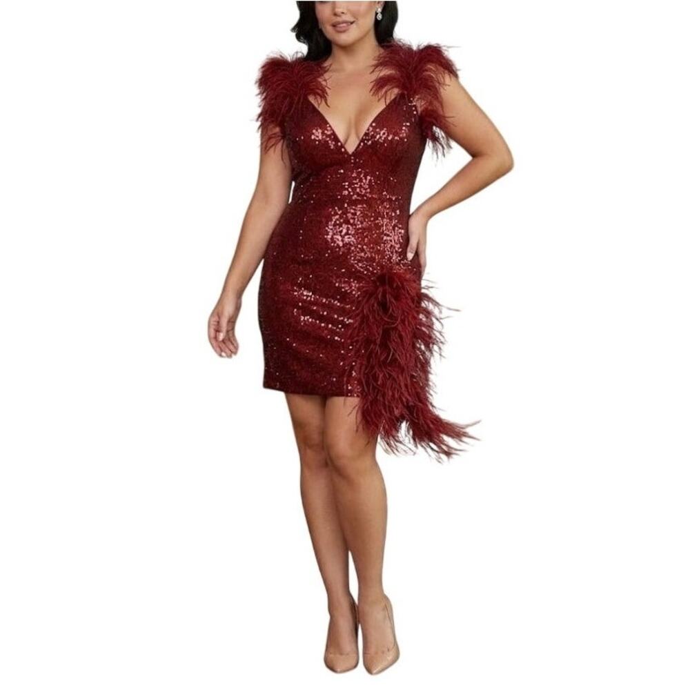 Jovani 23059 Red Cocktail Dress Backless Sequin Feather Trim Mini Sheath Size 10